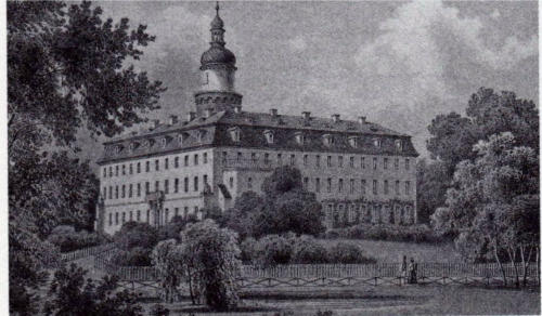 Das Oberschloss von Sonnewalde in einer Lithografie von Duncker um 1861/62. Das Schloss war stark bewehrt und gilt als frhe Statte der Reformation. Luther war hier persnlich zu Gast. Das Schloss ist 1945 niedergebrannt, nur ein Unterschloss ist heute er