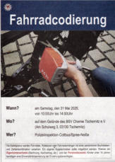 Fahrradcodierung am 31. Mai auf dem Sportplatz von Tschernitz, ab 14.oo Uhr.